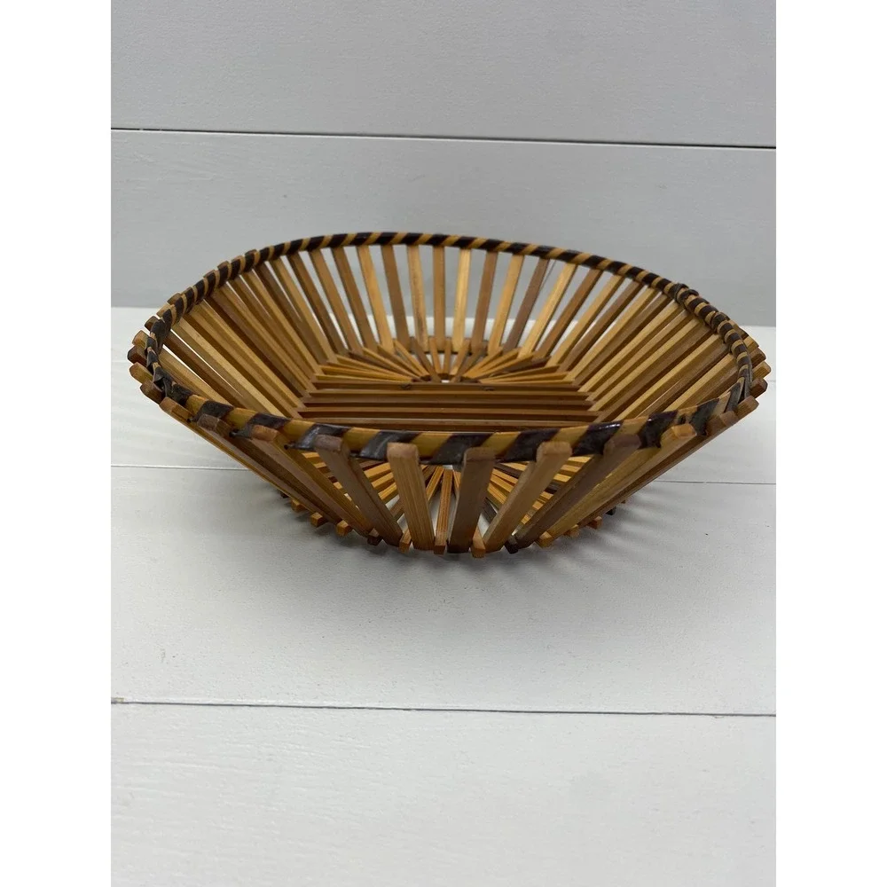 Ambee Basket Bamboo Slat Sunburst‎ Basket Vintage Boho MCM Decor